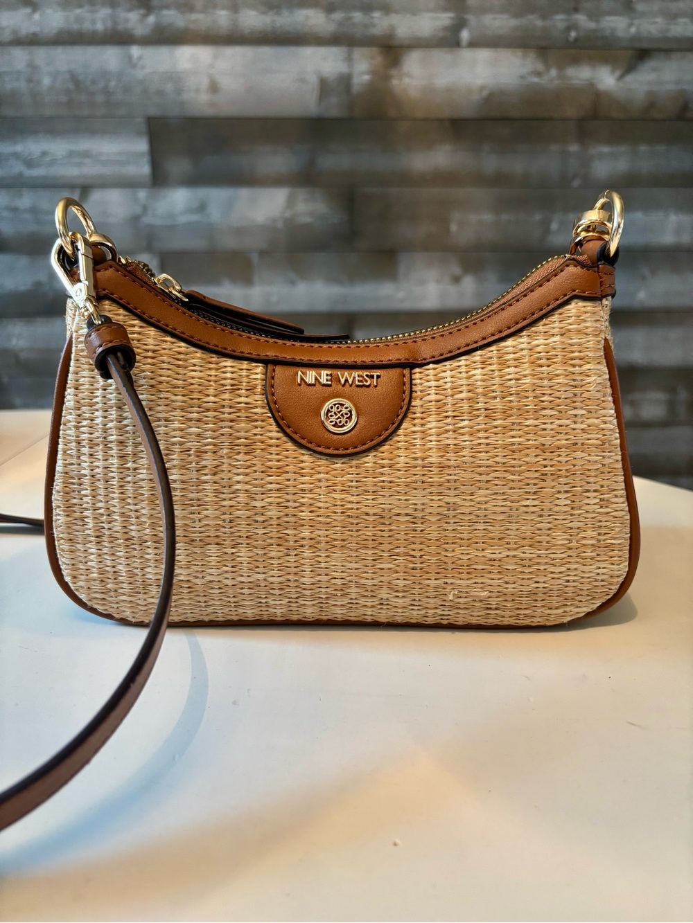 Nine West Straw Crossbody with Light Brown Trim